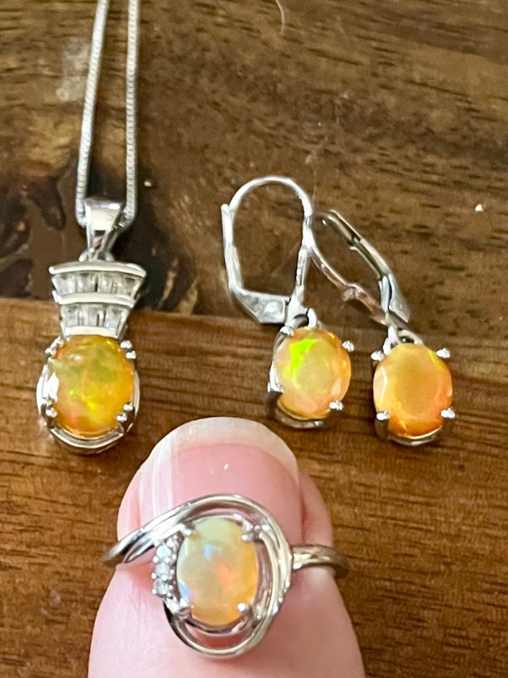 Ethiopian opal pendant, ring, earrings